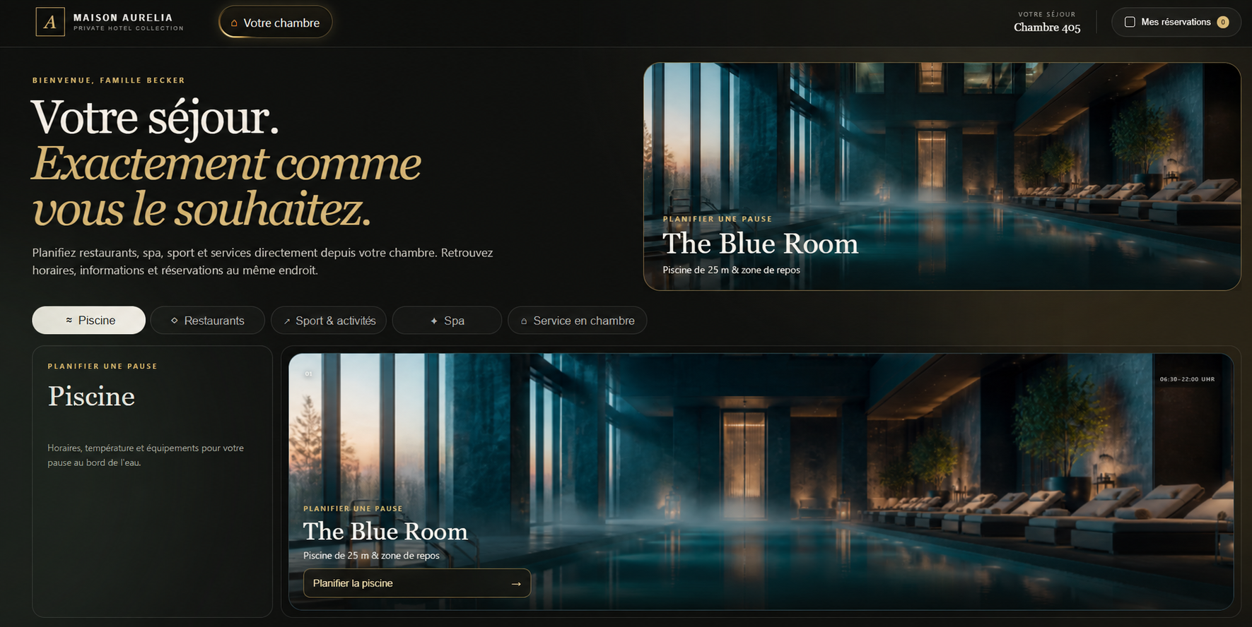 Interface Hotel 21 pour les services et réservations de l’hôtel