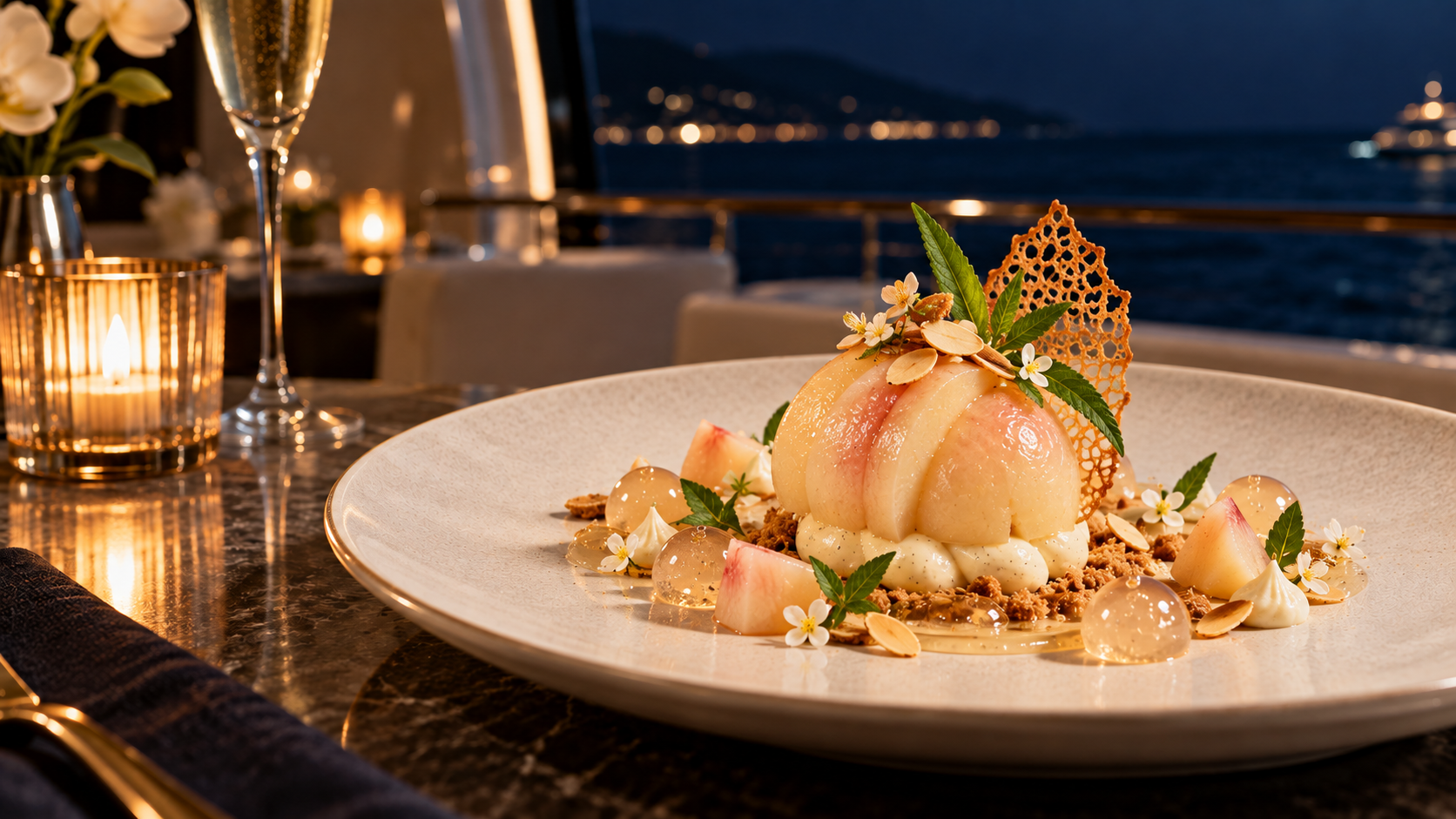 White Peach Dessert mit Champagner und Verbene
